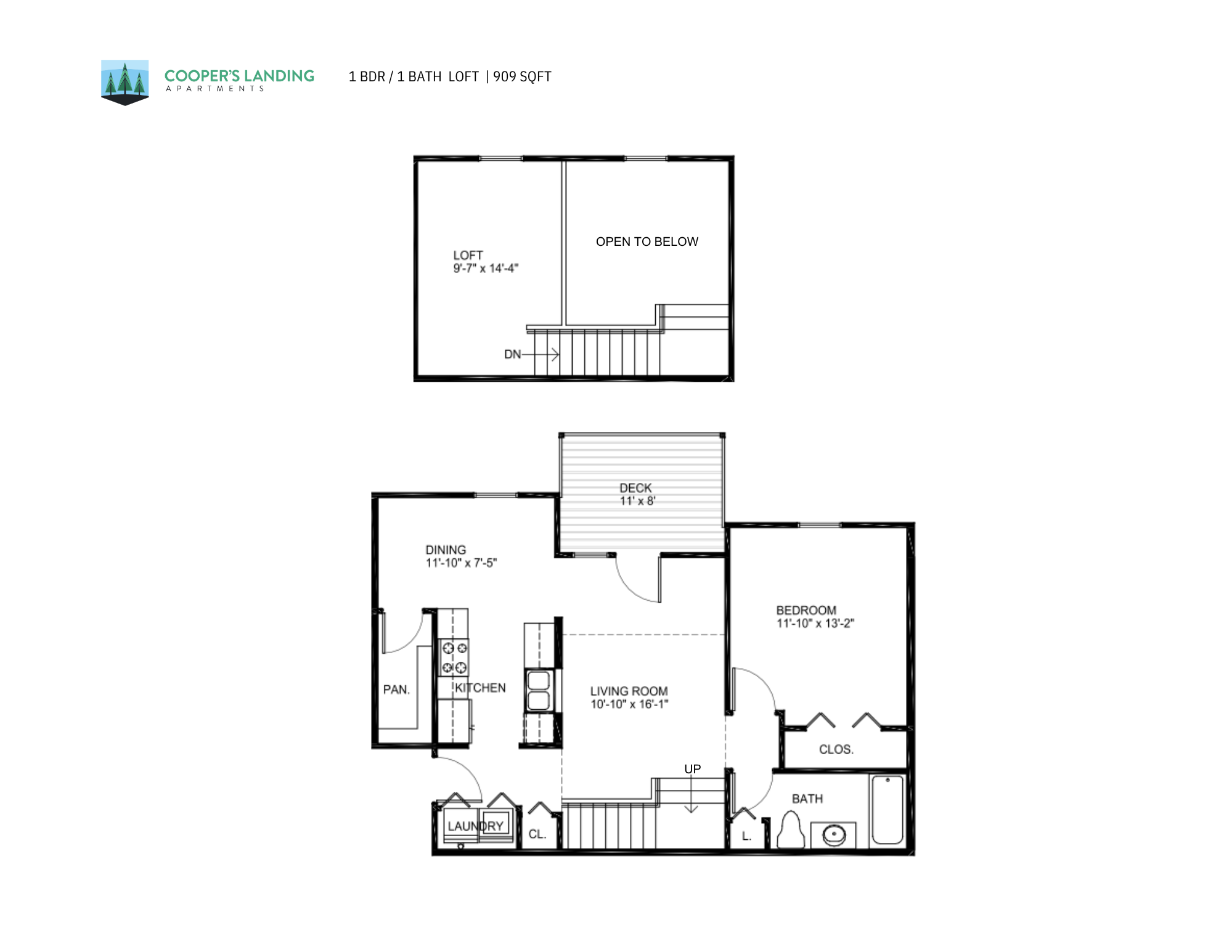 Floor plan for 1 bed, 1 bath, 909 sqft